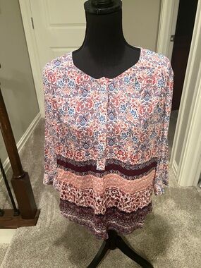 Nine West Floral Paisley Tiered Tunic in Blue and Red
